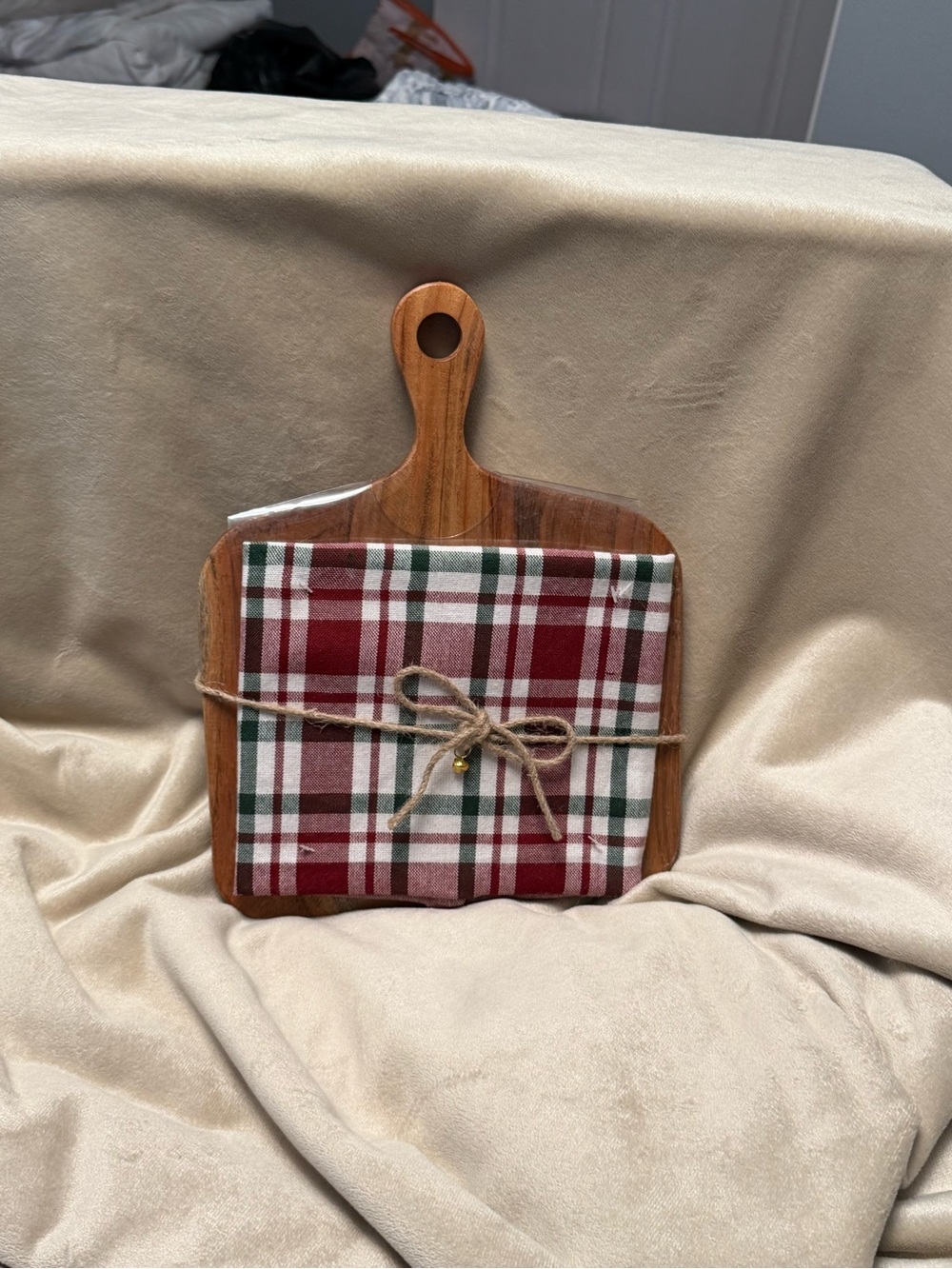 Gift Set - Wood Handle Cutting Board with Red & Green Plaid Towel